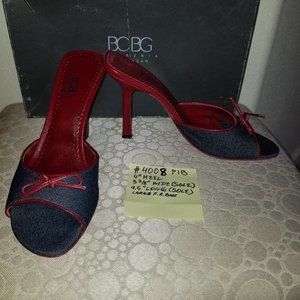 BCBG Red Bottom Denim Leather 4" Italian Stiletto Sandal 8M!
